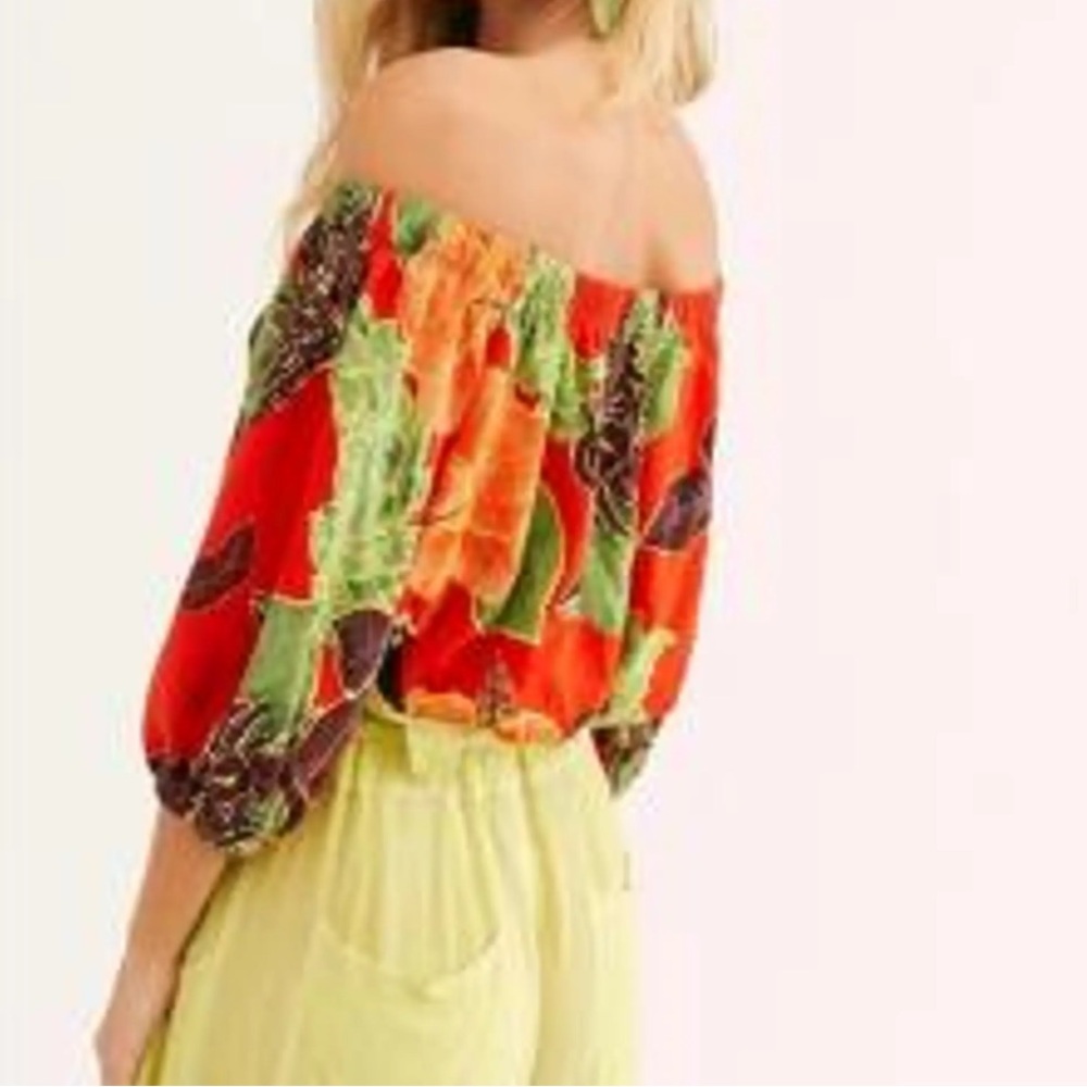 Free People Electric Day Floral Cropped Top Size M Orange Green Balloon Sleeve